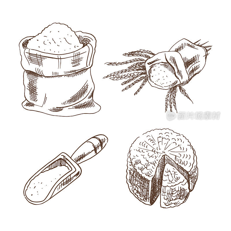 手绘产品素描集。一袋面粉，小穗，一个长柄勺，一块奶酪。矢量插图。黑白复古画。