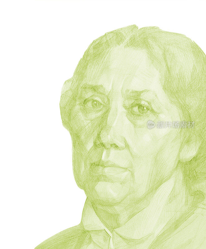 插图铅笔画在白色背景上的老年妇女的绿色肖像
