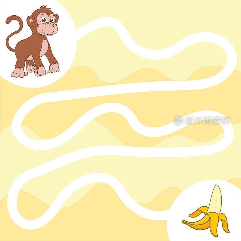 儿童迷宫游戏。画一条线，喂可爱的猴子。帮助猴子找到香蕉。适合幼儿园或学前班儿童的活动练习。幼儿注意力的发展。简单的迷宫。