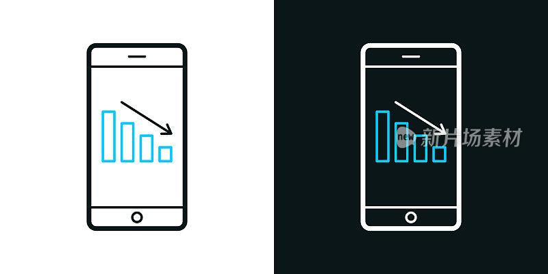 智能手机的下降图表。黑色或白色背景上的双色线图标-可编辑的笔画