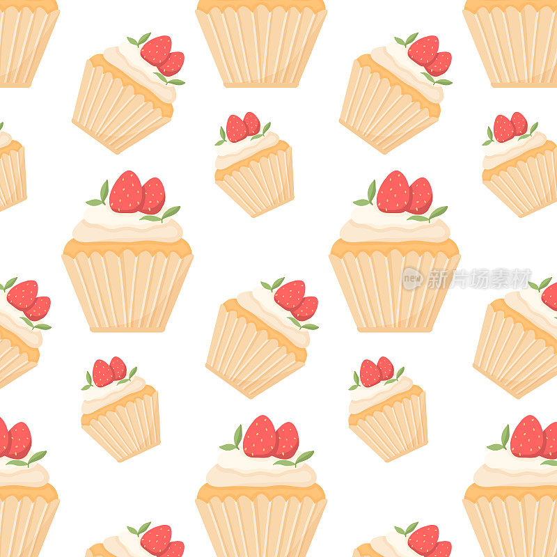 蛋糕和草莓的图案。无缝模式与面包和奶油。