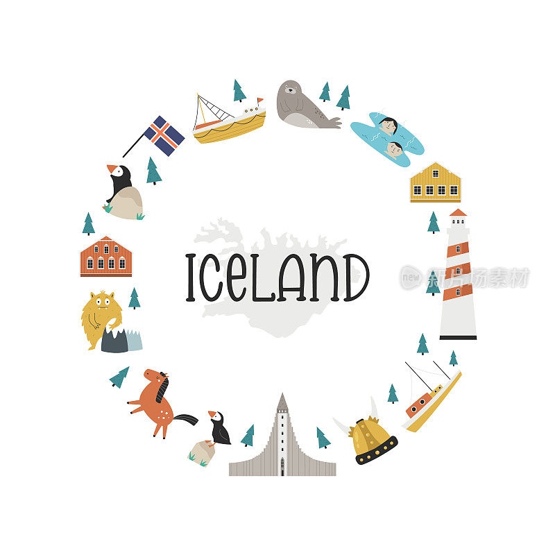 矢量彩色圆圈设计，旗帜与图标，冰岛著名的符号。