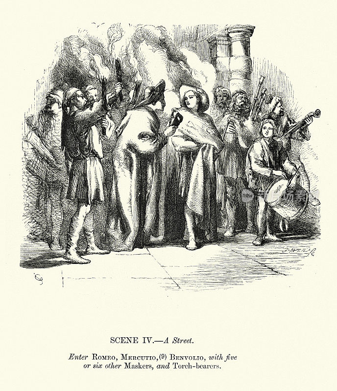 19世纪维多利亚时代，威廉・莎士比亚的《罗密欧与朱丽叶》中的场景，由约翰・吉尔伯特绘制