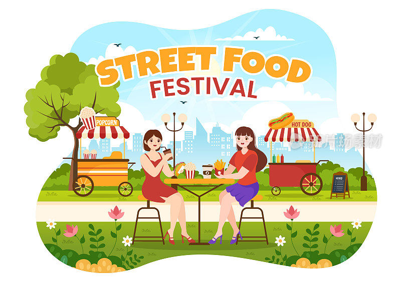 街头美食节事件矢量插图与人在夏季户外城市公园在平面卡通手绘模板食品卡车