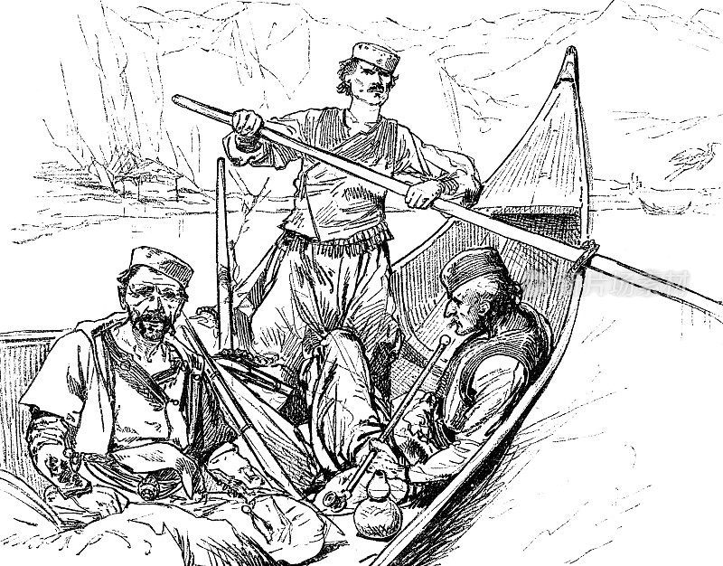 19世纪，在黑山的里耶卡Crnojevi?a河上乘坐克罗地亚传统La?a船的男子