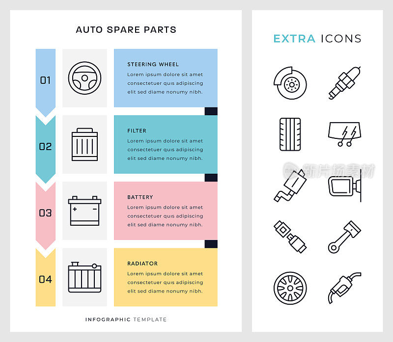 汽车备件信息图模板和线条图标。