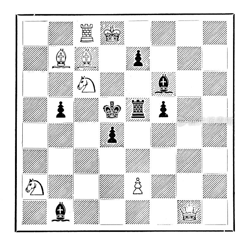 来自英国杂志的古董图片:国际象棋测验，白棋棋和两步棋