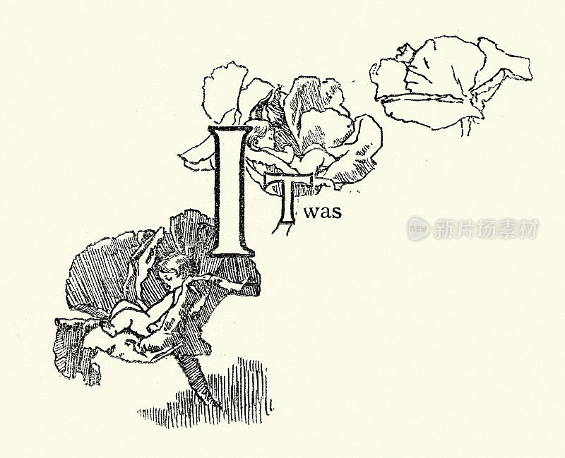 仙女睡在花里，大写字母I，是，维多利亚儿童读物插图，19世纪