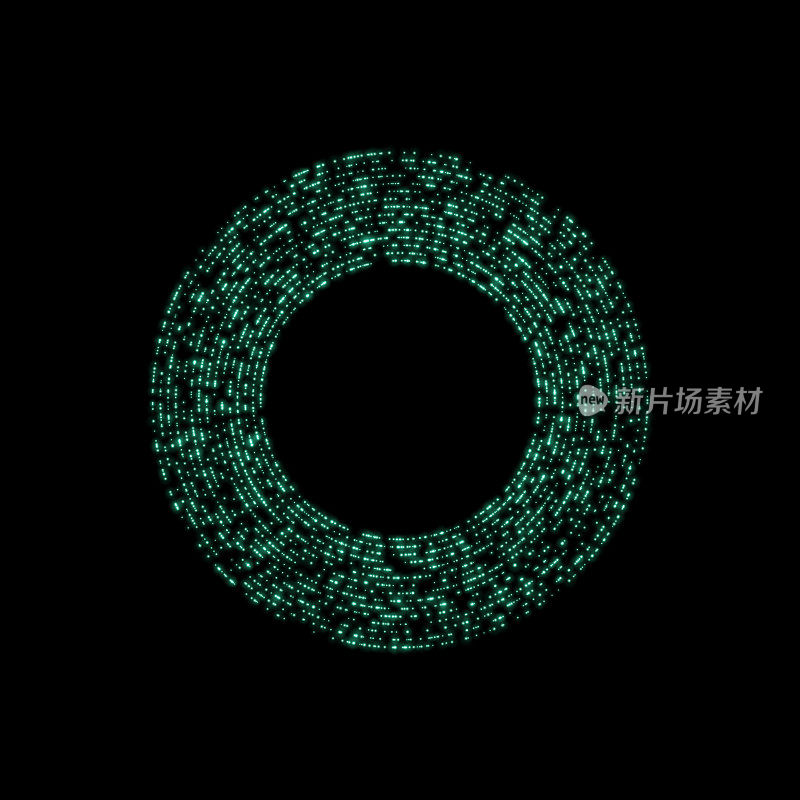 黑色背景上绿色数字粒子的圆形排列。