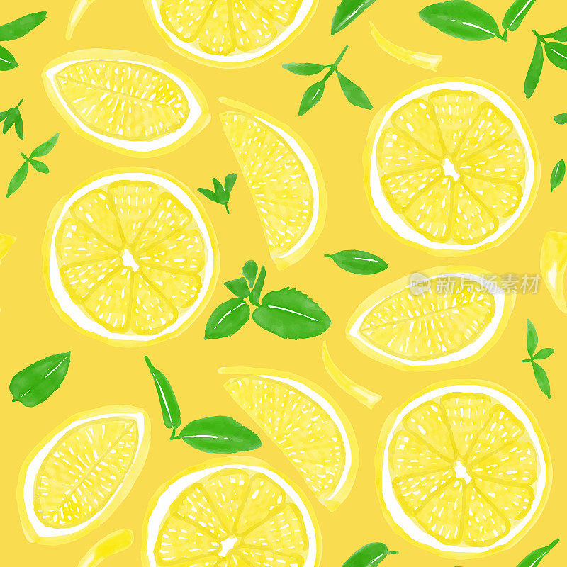 水彩手绘柠檬片无缝图案。春夏概念背景。