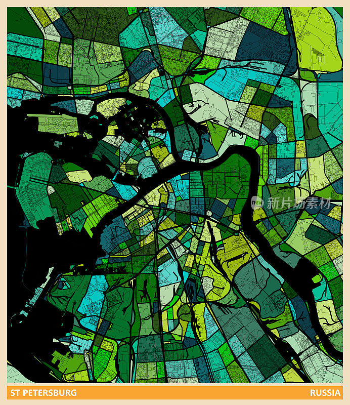 艺术插画风格地图，圣彼得堡城市，俄罗斯