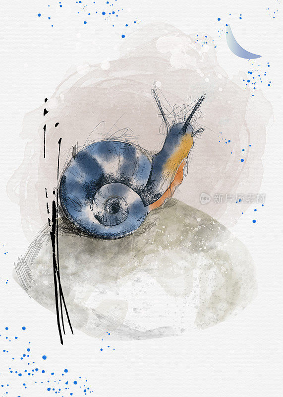 一只蜗牛坐在蘑菇上看月亮。自然放松的概念。