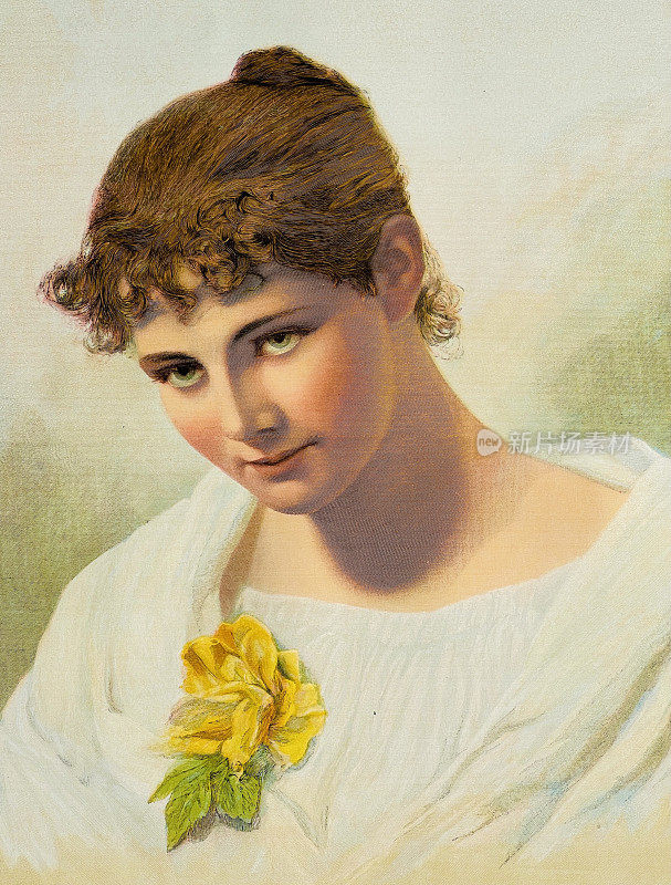 年轻女子的肖像，裙子上有一朵花