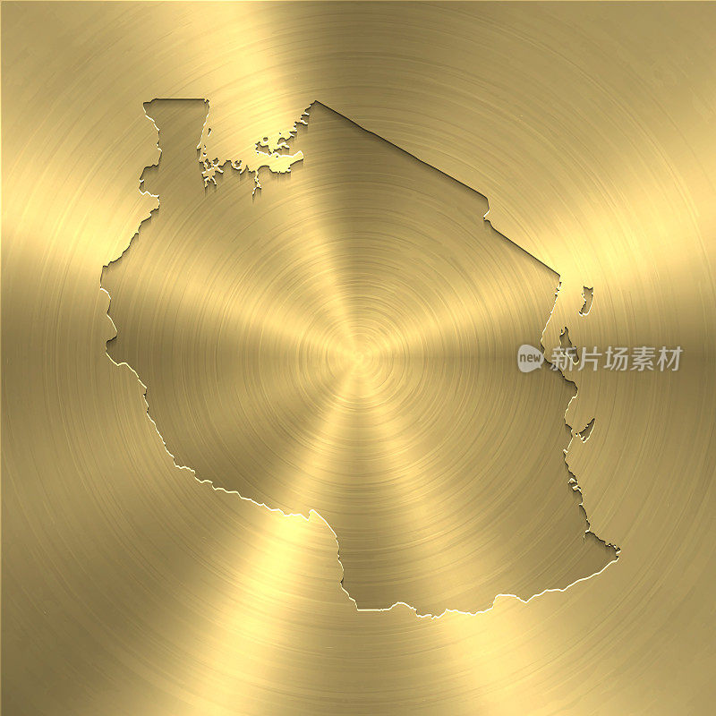 坦桑尼亚地图上的黄金背景-圆形拉丝金属纹理