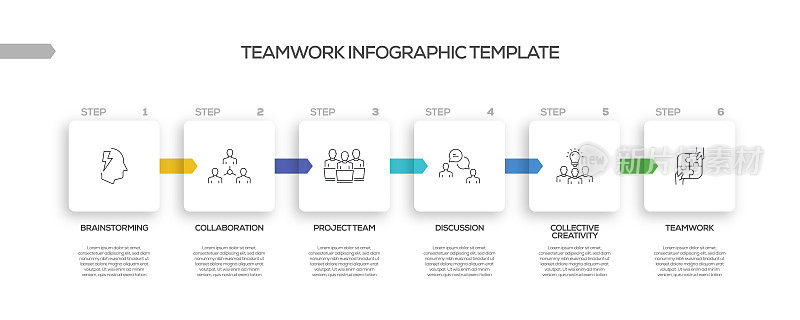 与团队工作相关的过程信息图表模板。过程时间图。带有线性图标的工作流布局