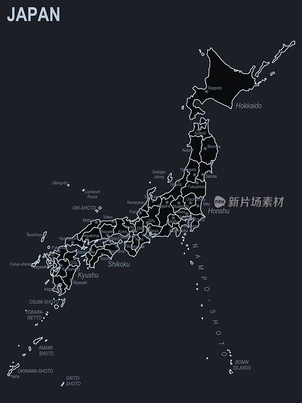 在黑色背景上的日本城市和地区的平面地图