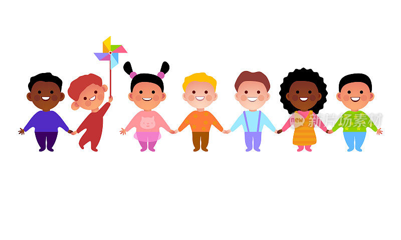 友谊。多国儿童手牵着手。多文化的孩子在一起。朋友们站成一排，微笑着，手牵手。各种各样的人类种族。种族多样性