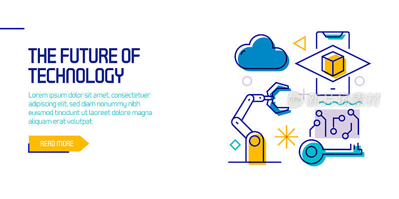 与技术相关的设计元素的未来。带有轮廓图标的图案设计。色彩斑斓的矢量图