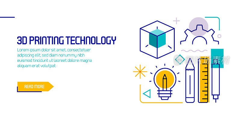 3D打印技术相关的设计元素。带有轮廓图标的图案设计。色彩斑斓的矢量图