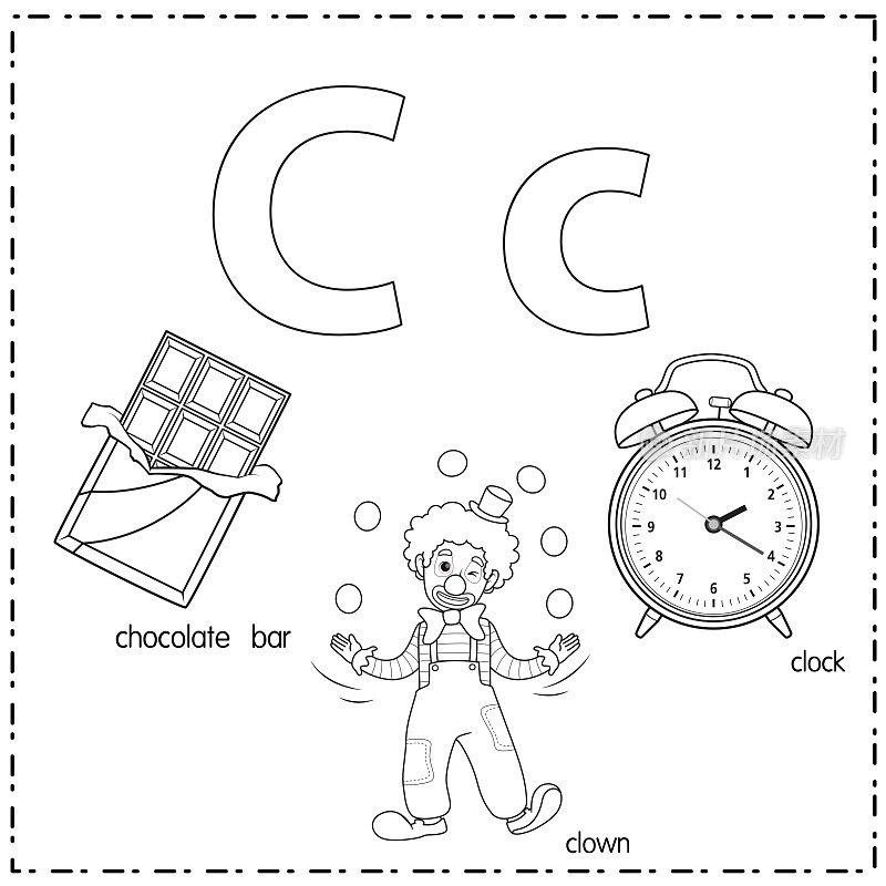 向量插图学习字母C的小写和大写的儿童与3卡通图像。巧克力小丑时钟。