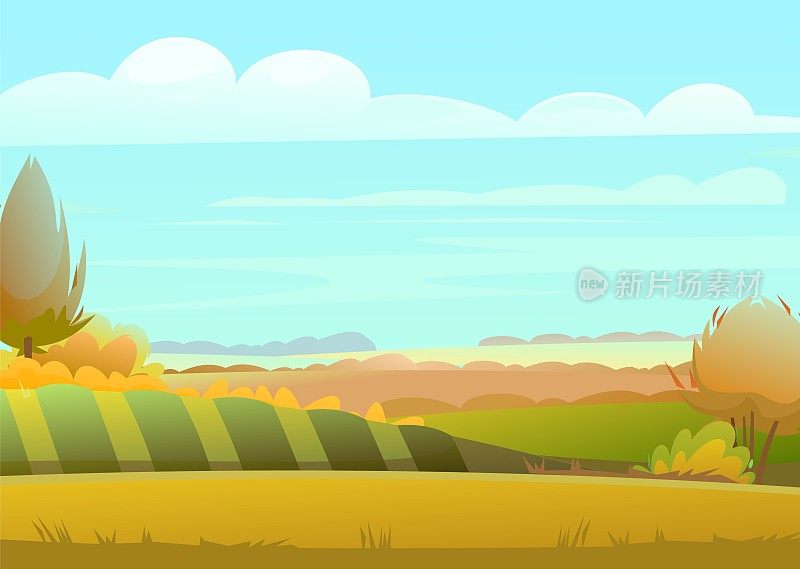 美丽的秋日田园风光。白天的乡村野生动物。村里有牧场和菜园。成熟的床。前景是一片空地。一年中的收获季节。黄色和橙色的场景。向量