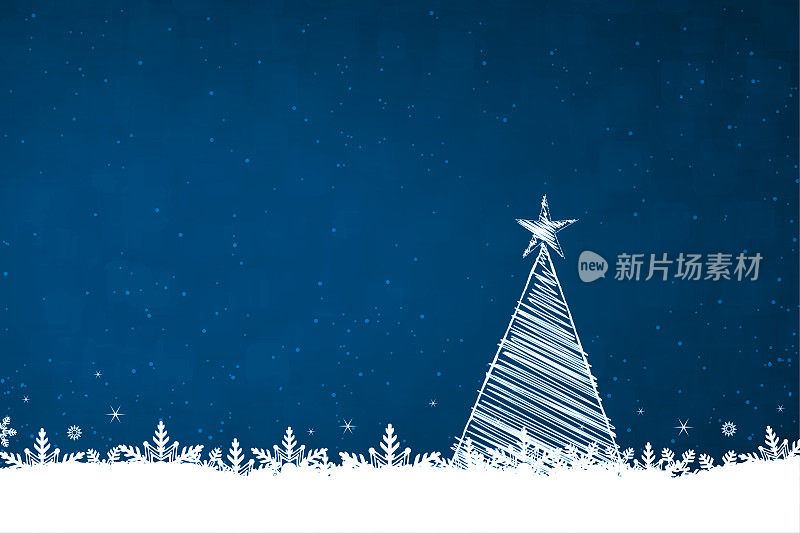 空白白色三角形的树由涂鸦填充，一颗星星在充满活力的黑暗午夜或海军蓝水平圣诞节日背景与底部白色雪花的边界