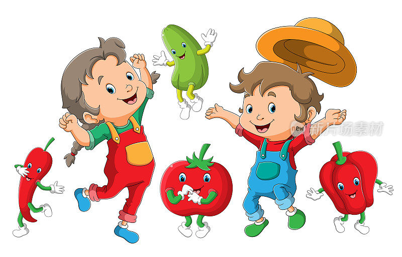 快乐的孩子们和蔬菜一起跳舞