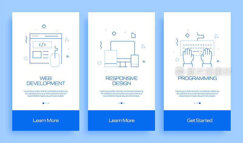 搜索引擎优化概念Onboarding移动应用程序页面屏幕与平面图标。UI设计模板矢量插图