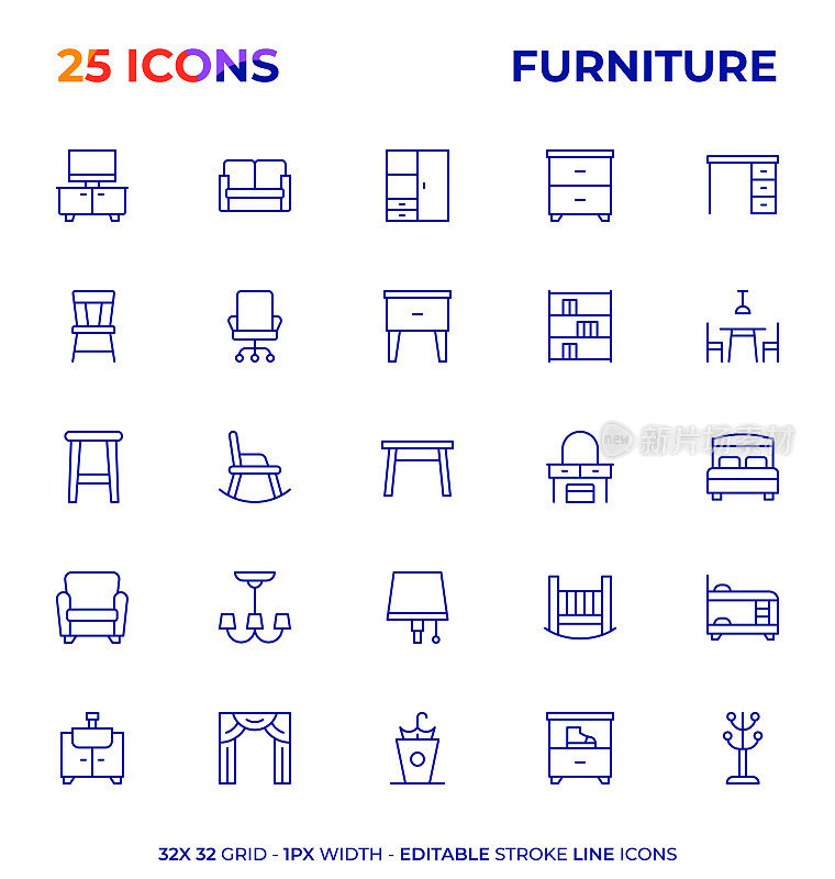 家具可编辑笔触线图标系列