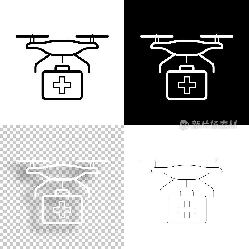 带急救箱的医用无人机图标设计。空白，白色和黑色背景-线图标