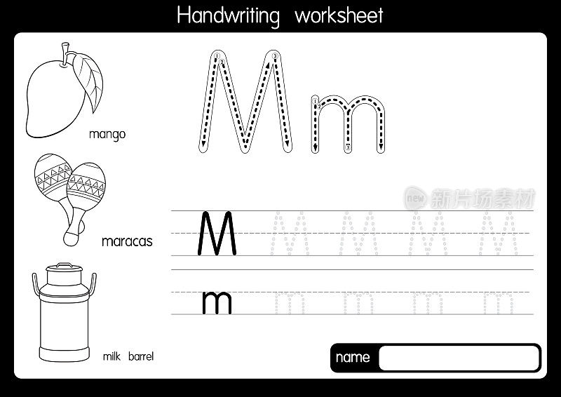 矢量说明芒果字母M大写字母或大写字母的儿童学习练习ABC