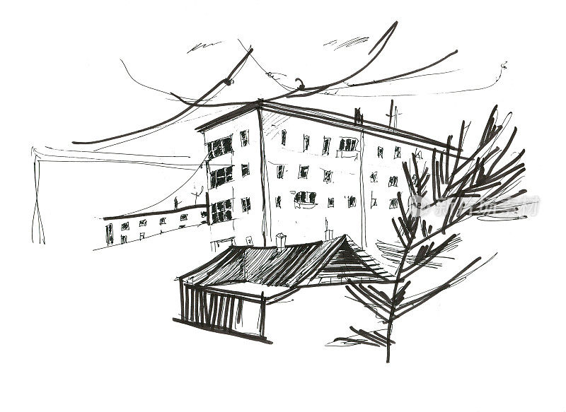 1980年代的架构。城市贫民窟。高层建筑。现代的废墟。黑色钢笔插图。