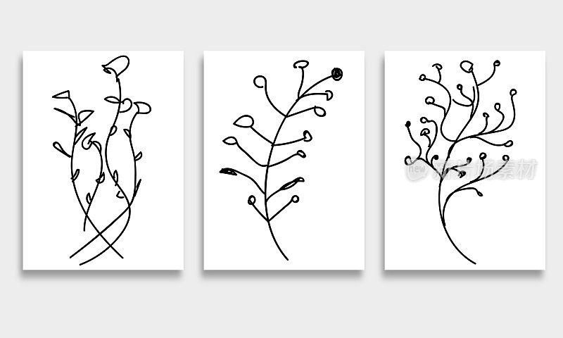 集手绘线条植物，涂鸦设计元素横幅背景