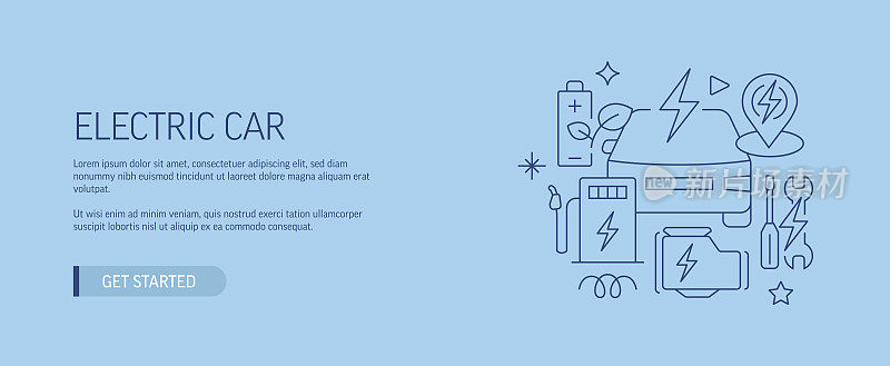 电动汽车相关网页横幅线风格。现代设计矢量插图网页横幅，网站标题等。股票插图