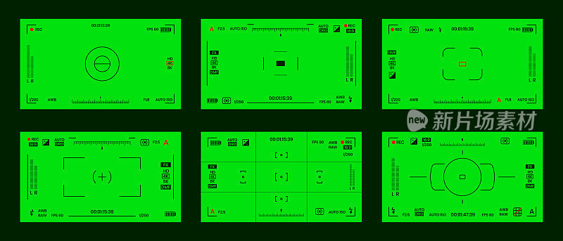 绿色彩色色度键相机rec帧取景器叠加背景屏幕平面风格设计矢量插图集。