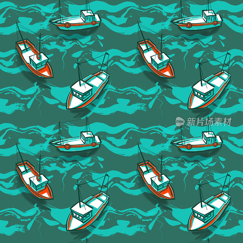 渔船，无缝夏季海图案，背景插图，碧绿背景上的海浪