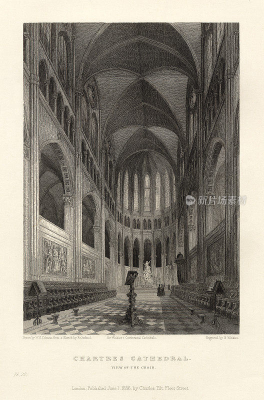 法国大教堂，沙特尔大教堂，鲁昂，法国，古董法国版画，1837年