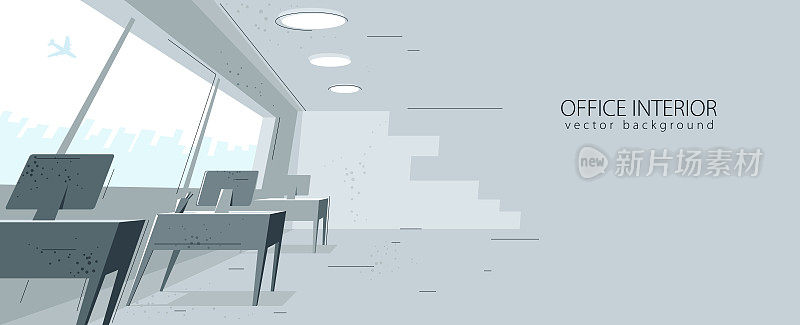 办公室内部在扭曲的透视矢量插图与空间的文本模型，现代工作场所的内部空间。