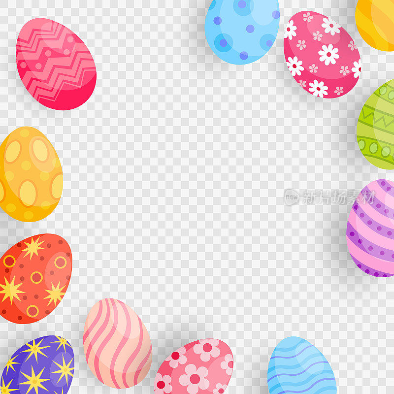 可爱的彩色复活节彩蛋png背景。彩色彩蛋，复活节符号，装饰矢量元素组成。快乐的复活节卡通设计贺卡。矢量在PNG背景。