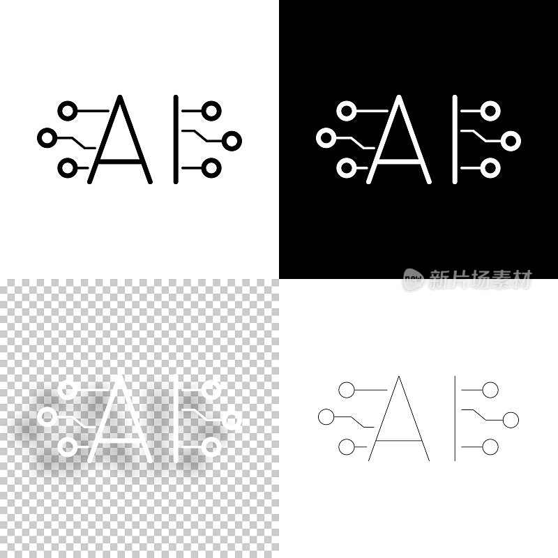 人工智能AI和电路板。图标设计。空白，白色和黑色背景-线图标