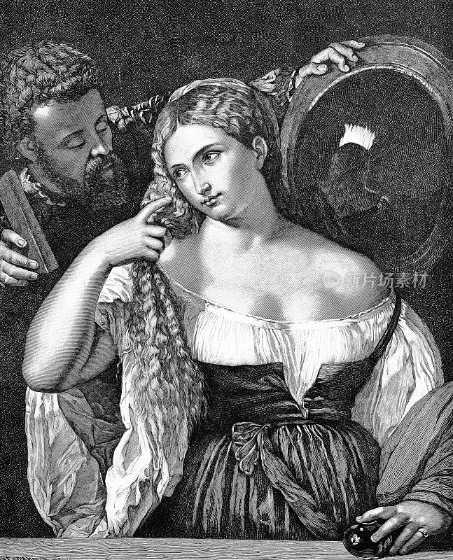 Tizian的女人肖像，男人站在她身后