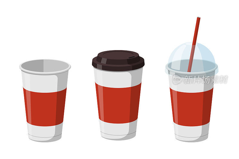 一次性纸杯模板设置咖啡，苏打水或鸡尾酒的黑色和透明半球盖子。3d空白白色和红色大纸板软饮料包装收集。向量