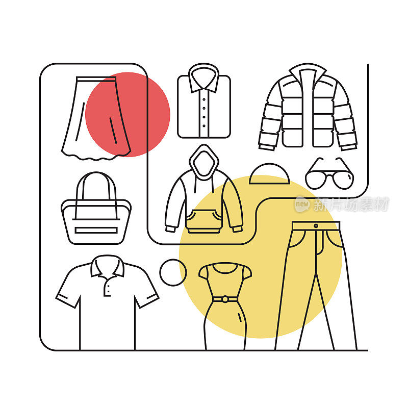服装和配件相关矢量横幅设计概念，现代线条风格与图标