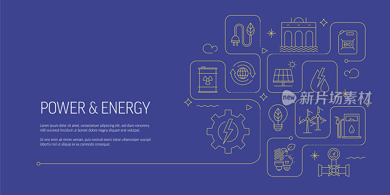 动力和能源相关矢量横幅设计概念，现代线条风格与图标