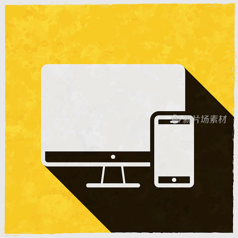 台式电脑和智能手机。图标与长阴影的纹理黄色背景