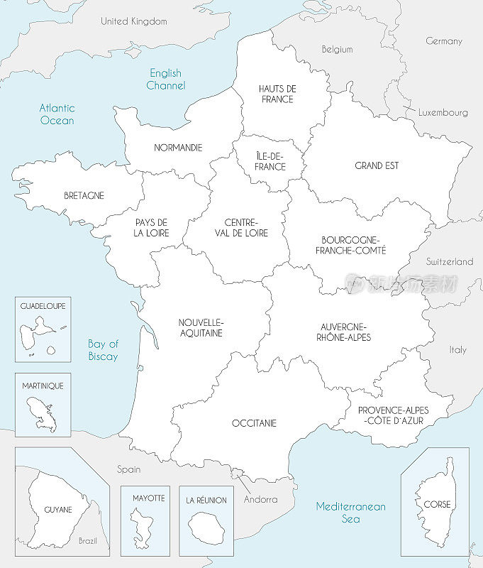 矢量地图的法国地区和领土和行政区划，和邻国。可编辑和明确标记层。