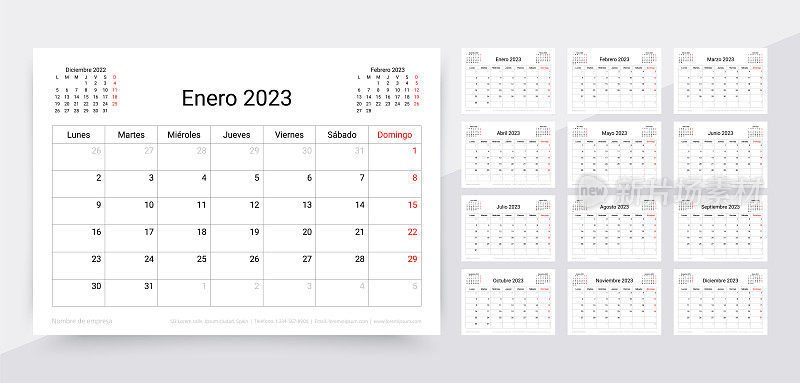 2023年的计划。西班牙日历模板。矢量插图。星期从星期一开始。