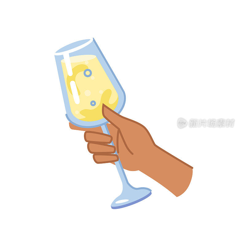 高脚杯中有气泡的白葡萄酒，酒吧或餐厅的侍酒师或调酒师手拿酒精饮料。矢量美食酒庄产品，男女手持一杯香槟