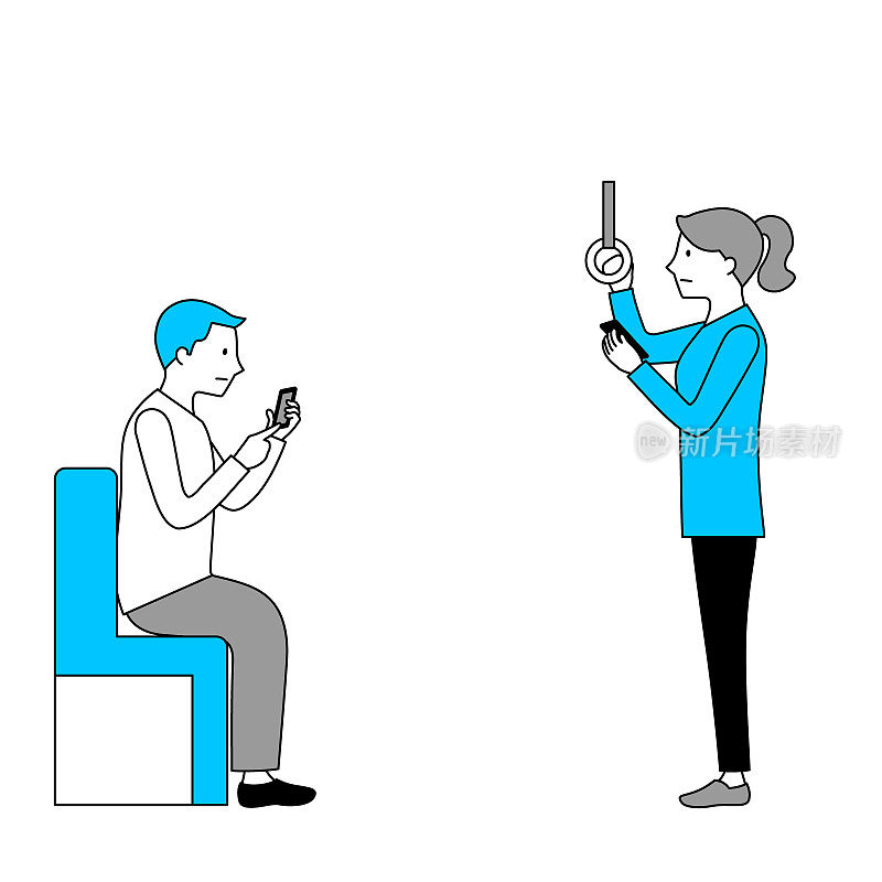 男女在火车上使用智能手机的插图(白色背景，矢量，剪切)