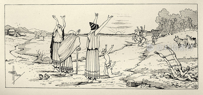 古希腊，斯巴达战士从战场上回到家中的漫画